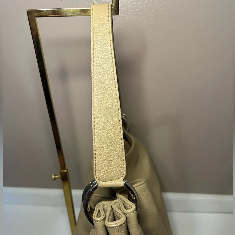 Furla Light Taupe Pebbled Leather Hobo Shoulder Bag with Tassel - EUC